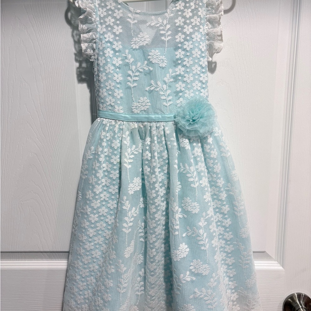 Jona Michelle Light Blue Floral Lace Party Dress with Rosette Accent